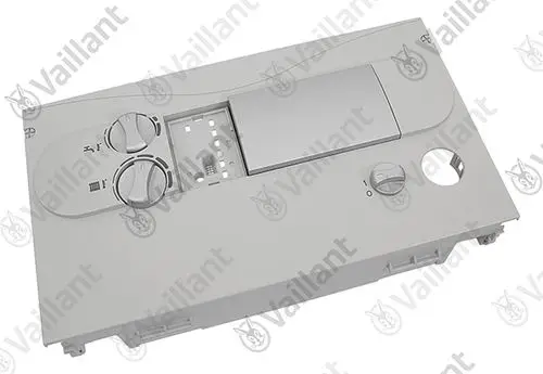 Vorderteil von Vaillant Gehäuse mit zwei Regulierungsdrehknöpfen und einem Schiebedeckel, ausgeführt in einem neutralen Farbton, geeignet für spezifische Heizsysteme.